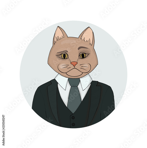 Catman portrait. The human body is the head of animal vector illustration. Cat businessman.