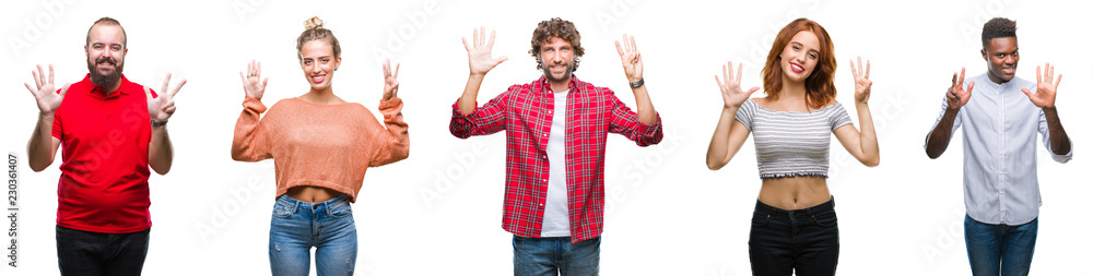 Collage of group of young people over colorful isolated background showing and pointing up with fingers number eight while smiling confident and happy. Collage of group of young people over colorful isolated background showing and pointing up with fingers number eight while smiling confident and happy.