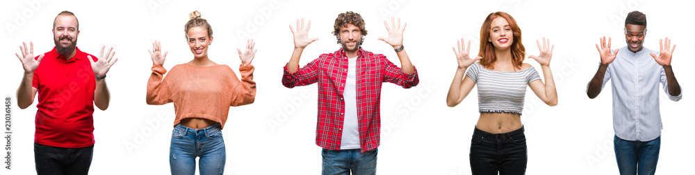 Collage of group of young people over colorful isolated background showing and pointing up with fingers number ten while smiling confident and happy. Collage of group of young people over colorful isolated background showing and pointing up with fingers number ten while smiling confident and happy.