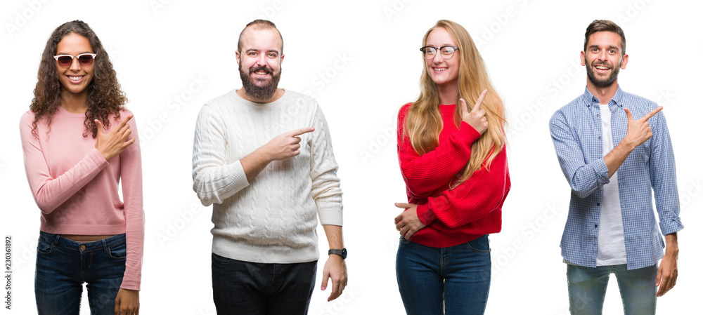 Obraz premium Collage of group of young people over white isolated background cheerful with a smile of face pointing with hand and finger up to the side with happy and natural expression on face
