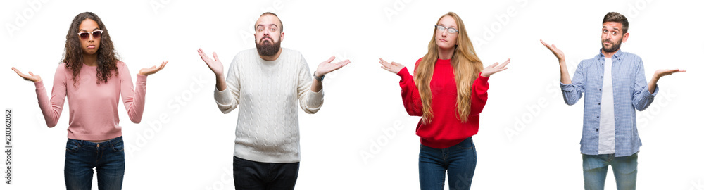 Collage of group of young people over white isolated background clueless and confused expression with arms and hands raised. Doubt concept.