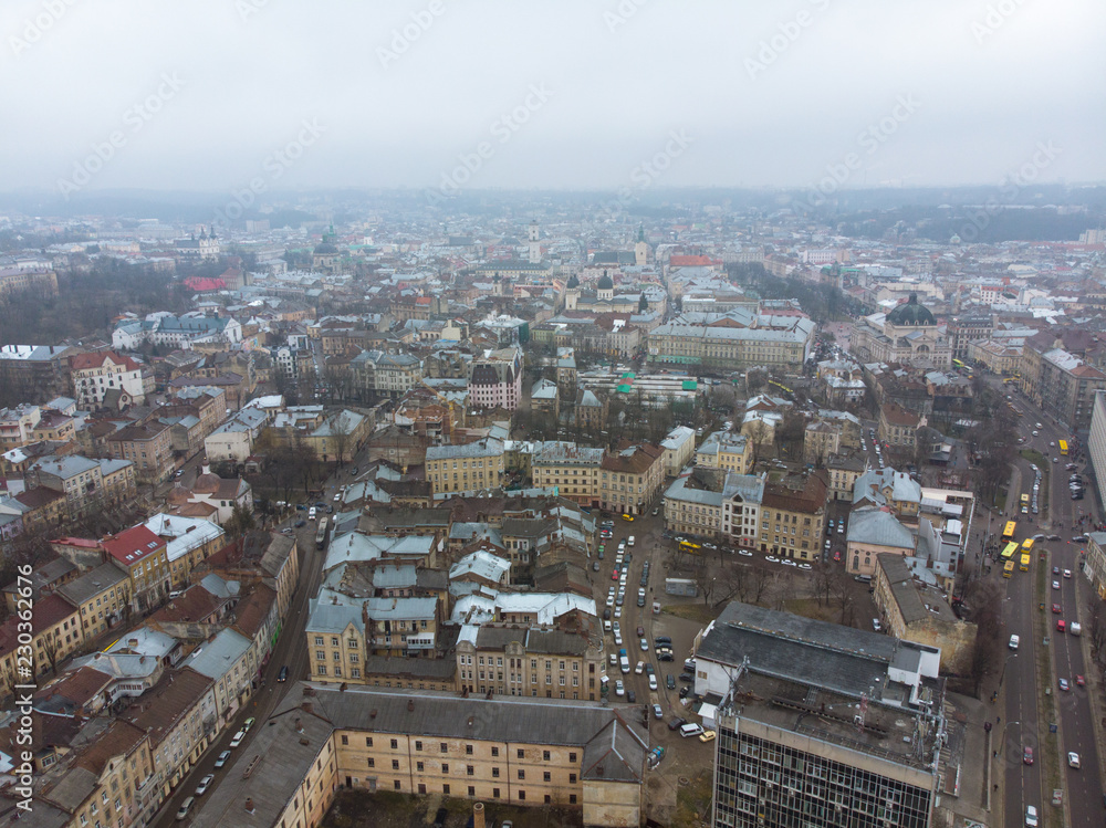 Obraz premium european city in mist weather. birds eye view