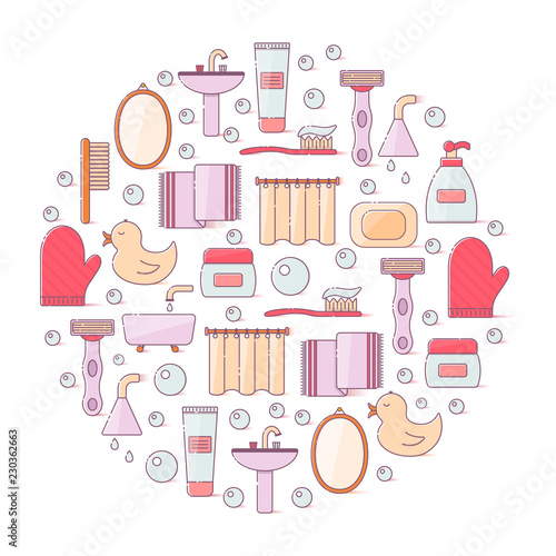 Vector illustration with flat line cartoon bathroom background