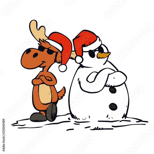 funny moose and snowman with christmas hat vector illustration 