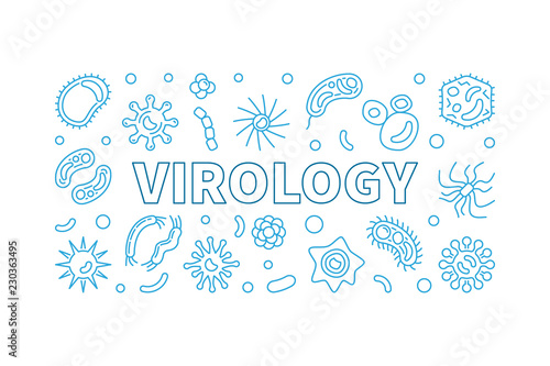 Virology blue horizontal banner. Vector outline illustration
