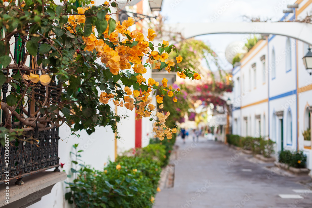 Picturesque spanish street with flowers in Gran Canaria island