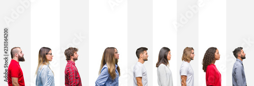 Collage of different ethnics young people over white stripes isolated background looking to side, relax profile pose with natural face with confident smile.