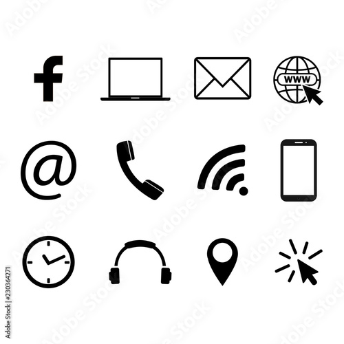 Collection of communication symbols. Contact, e-mail, mobile phone, message, social media, wireless technology icons. Vector illustration