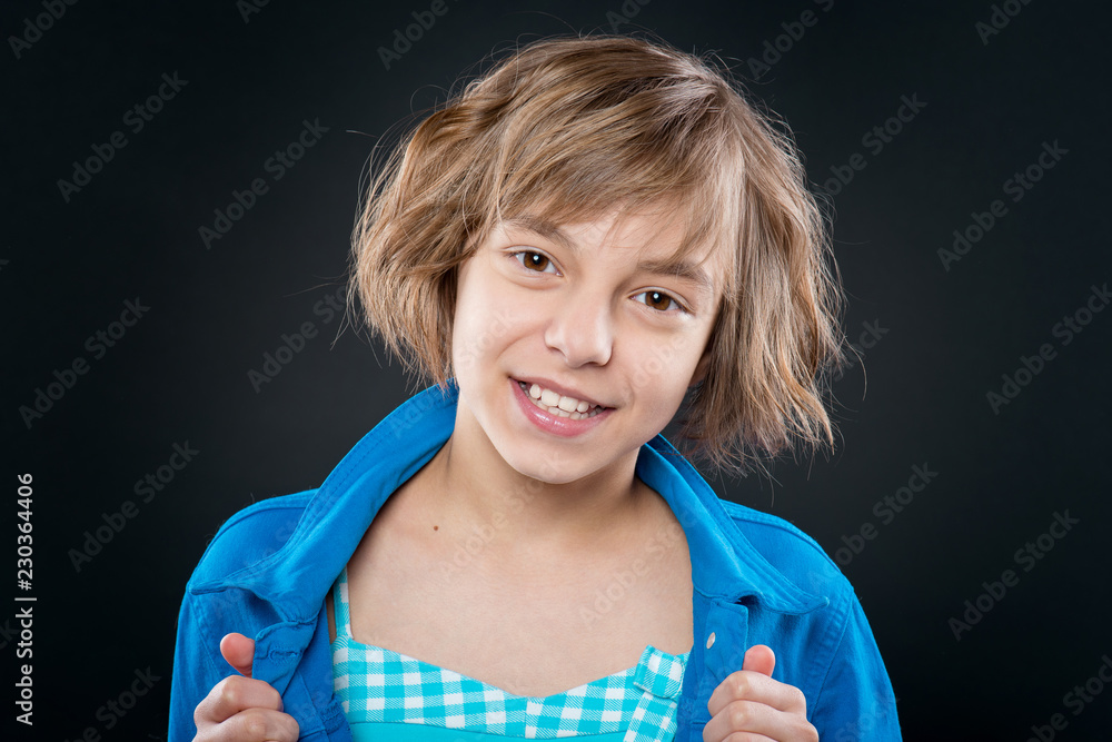 Beautiful Caucasian Teen Girl On Black Background Schoolgirl Smiling And Looking At Camera 0765