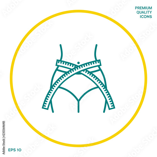 Women waist with measuring tape, weight loss, diet, waistline - line icon. Graphic elements for your design
