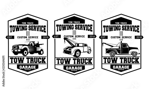 Vintage car tow truck emblems, labels and design elements.set of tow truck logo design template