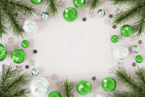 Christmas card mockup with green baubles 3D rendering