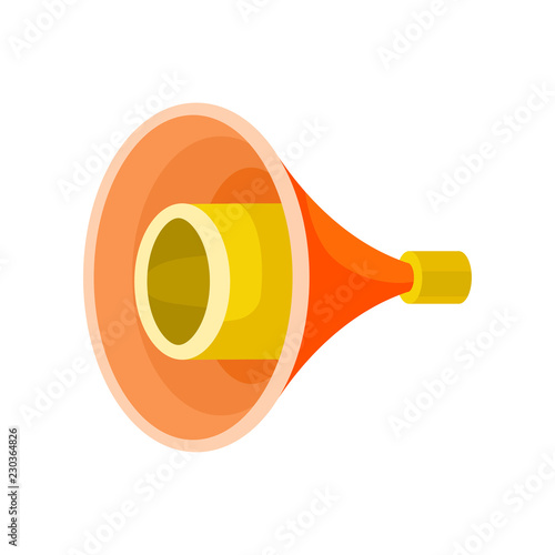 Bright yellow-orange megaphone isolated on white background. Funnel-shaped device for voice amplification. Flat vector icon