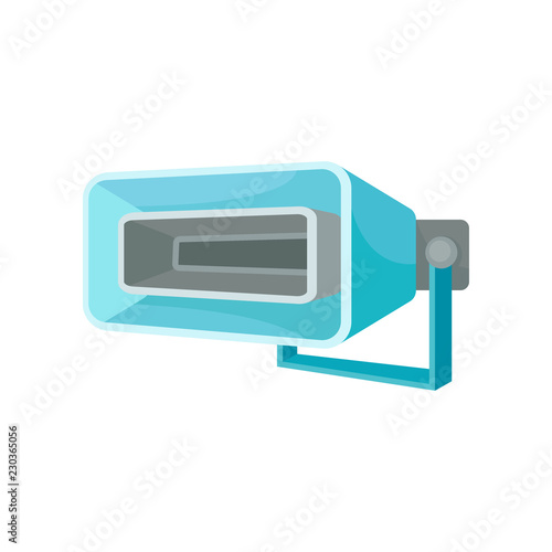 Blue wall mounted megaphone. Object for announcement public message. Device for voice amplification. Flat vector icon