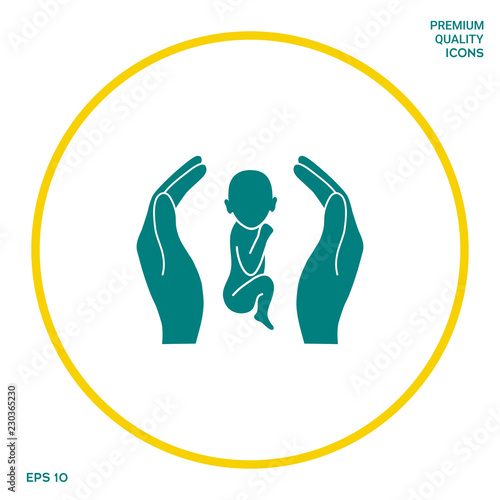 Hands holding baby, protection symbol. Graphic elements for your design