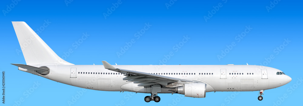 Large heavy modern wide body passenger twin jet engine airplane flying side gear down panoramic detailed exterior view reference isolated on blue sky background air travel transportation theme