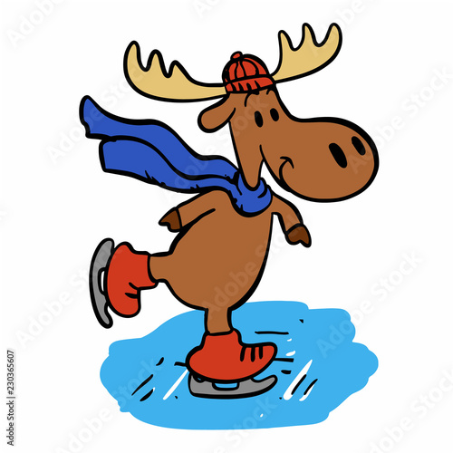 Smiling moose ice skating vector illustration 