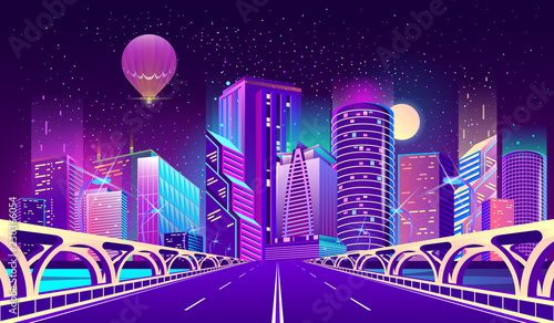 Vector concept background with night city illuminated with neon glowing lights. Futuristic cityscape in blue and violet colors, panorama with modern buildings and skyscrapers, bridge with highway