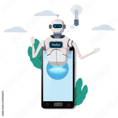 Free Chat Bot, Robot Virtual Assistance On Smartphone Say Hello Element Of Website Or Mobile Applications, Artificial Intelligence Concept Cartoon Vector Illustration