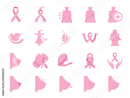 Breast cancer sign icon set. Included icons as ribbon, awareness, symptoms, nipple and more.