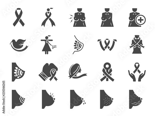 Breast cancer sign icon set. Included icons as ribbon, awareness, symptoms, nipple and more.