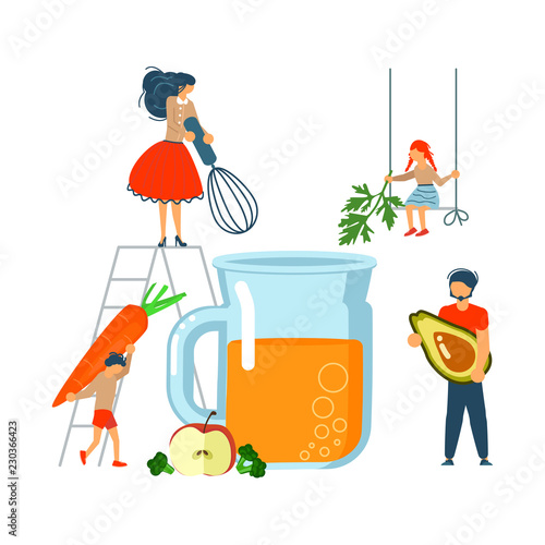 Happy family cooking together a healthy smoothie 