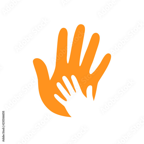 Vector hands. Hand care. Childish hand. Support symbol. Helpful people. Hand on hand. Two hands.