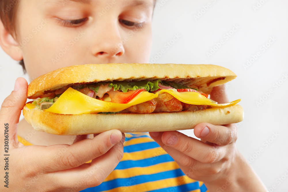 Young cut boy with a tasty cheeseburger on a white background close up Young cut boy with a tasty cheeseburger on a white background close up