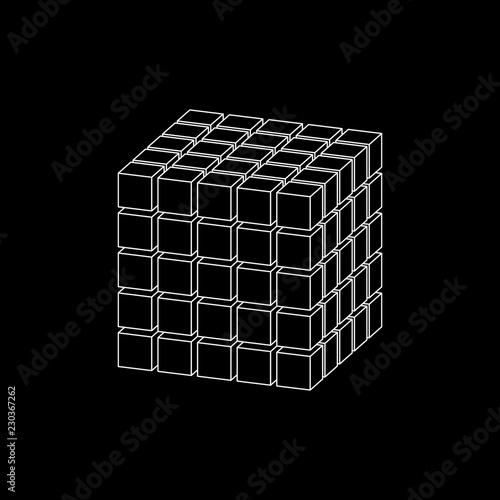 Abstract 3d cube from cubes. Dimetric projection. Vector outline illustration.