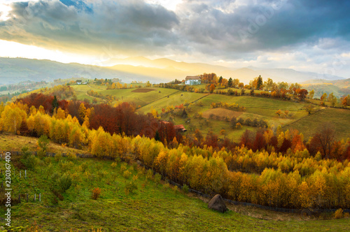 Warm October evening in Transylvania. Magic autumn sunset landscape