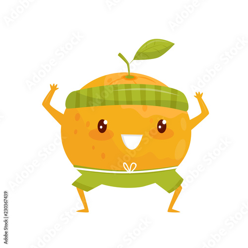 Orange fruit doing sports  sportive fruit cartoon character doing fitness exercise vector Illustration on a white background