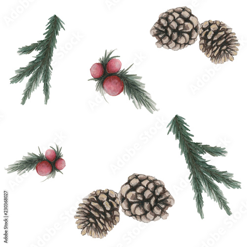 Seamless pattern. Christmas mood. Hand drawn water color illustration. pine branches, red berries, and pine cones on the white background.