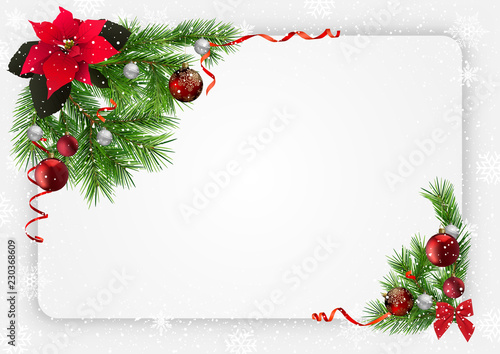 Christmas Festive Background with Christmas Flower, Christmas Balls and Red Ribbon - Illustration with Fir Branches and Falling Snow and Snowflakes, Vector