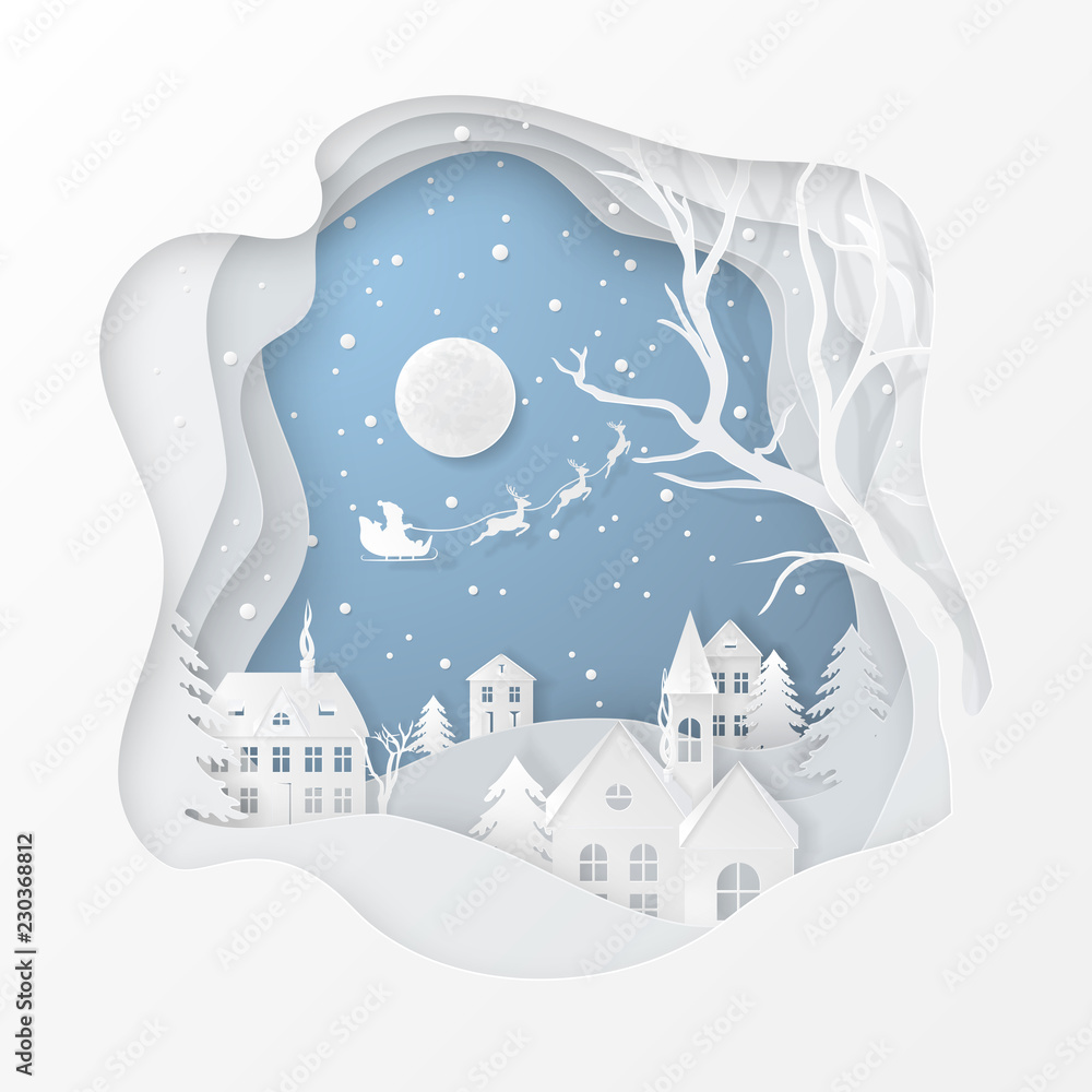 Obraz premium Vector winter night scene with fir trees, houses, moon, santa's sleigh, deers and snow in carving art style. Festive layered background with 3D realistic paper-cut of Christmas Village and snowfall.