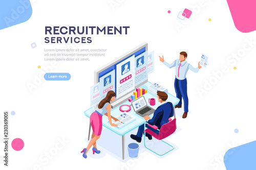 Infographic of employment leadership. Recruit for business, recruitment presentation. Job hr resource, businessman employer character with text. Flat isometric concept vector illustration.