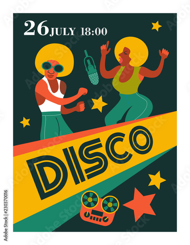 Poster music festival, retro party in the style of the 70s, 80s in the disco style. Couple with African hairstyles dancing disco. Vector illustration.