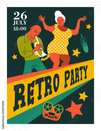 Poster music festival  retro party in the style of the 70 s  80 s. Jazz party. Afro musician plays the trumpet. Afro woman dancing. Vector illustration.