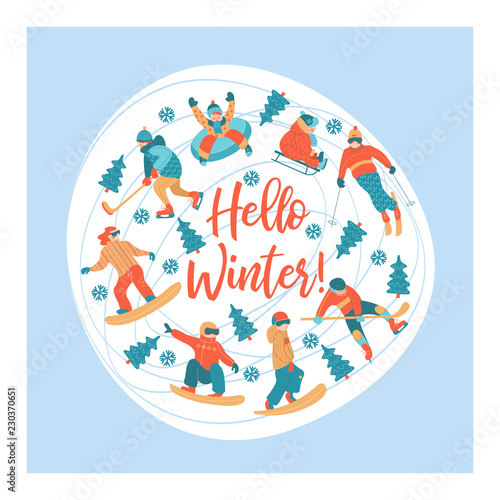 Hello winter. Winter sports and fun activities in the snow. People skiing  skating  sledding  snowboarding. A set of characters oriented in a circle. Vector illustration.