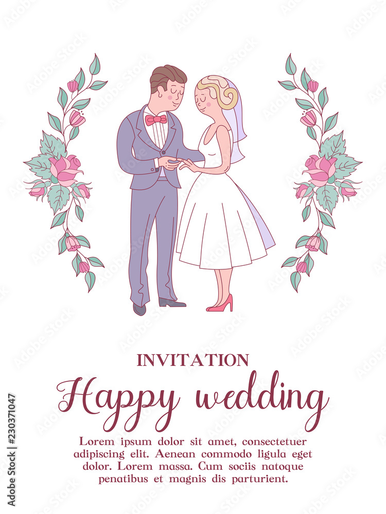 Happy wedding. Wedding vector card, invitation. Bride and groom surrounded by pink flowers. Happy wedding. Wedding vector card, invitation. Bride and groom surrounded by pink flowers.