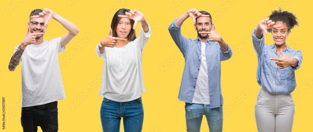 Collage of group people, women and men over colorful yellow isolated background smiling making frame with hands and fingers with happy face. Creativity and photography concept.