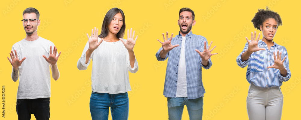 Obraz premium Collage of group people, women and men over colorful yellow isolated background afraid and terrified with fear expression stop gesture with hands, shouting in shock. Panic concept.