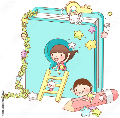Girl sitting on key hole while boy sitting on pencil