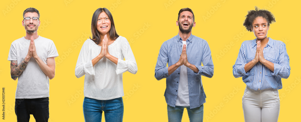 Obraz premium Collage of group people, women and men over colorful yellow isolated background begging and praying with hands together with hope expression on face very emotional and worried. Asking for forgiveness