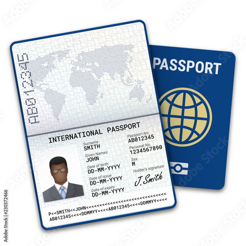 International passport template of the black man with biometric data identification and sample of photo, signature and other personal data. Vector illustration