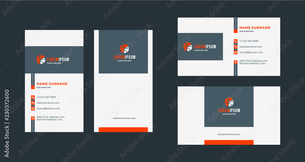 Double-sided creative business card template. Portrait and landscape orientation. Horizontal and vertical layout. Red and black color theme. Vector illustration