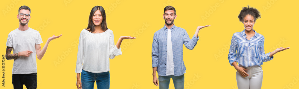 Collage of group people, women and men over colorful yellow isolated background smiling cheerful presenting and pointing with palm of hand looking at the camera. Collage of group people, women and men over colorful yellow isolated background smiling cheerful presenting and pointing with palm of hand looking at the camera.