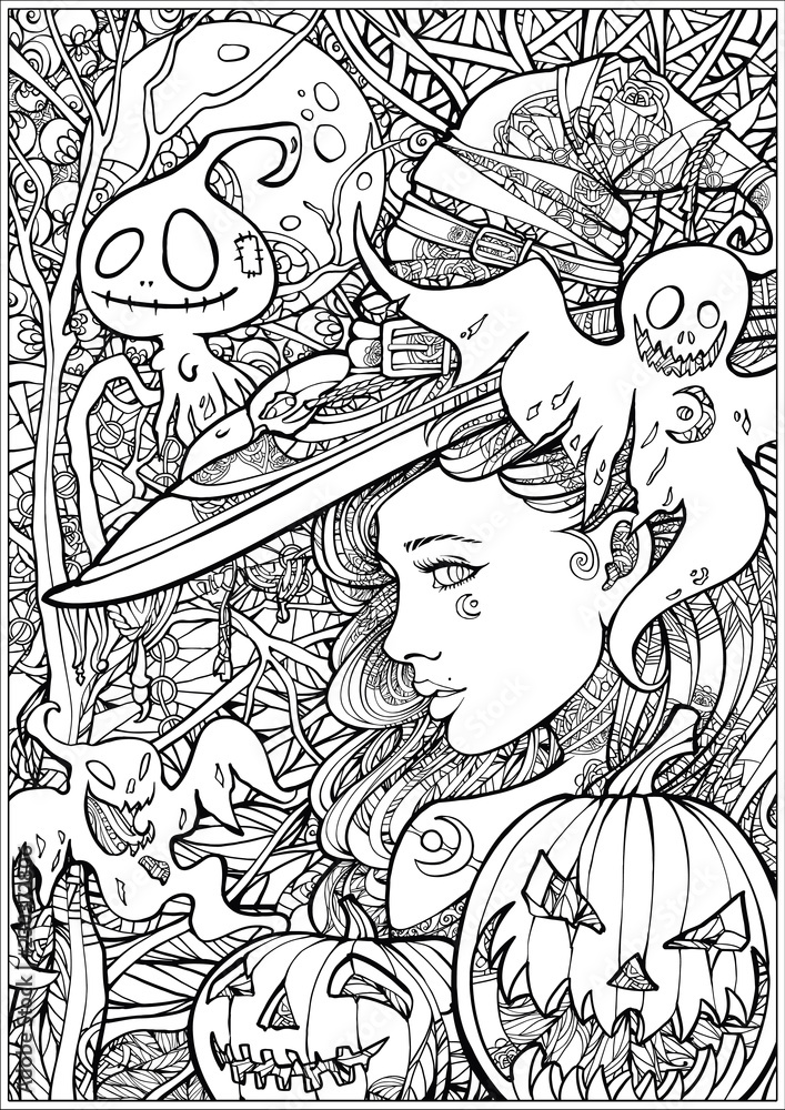 Coloring page for adults, witch surrounded by ghosts Stock Vector ...