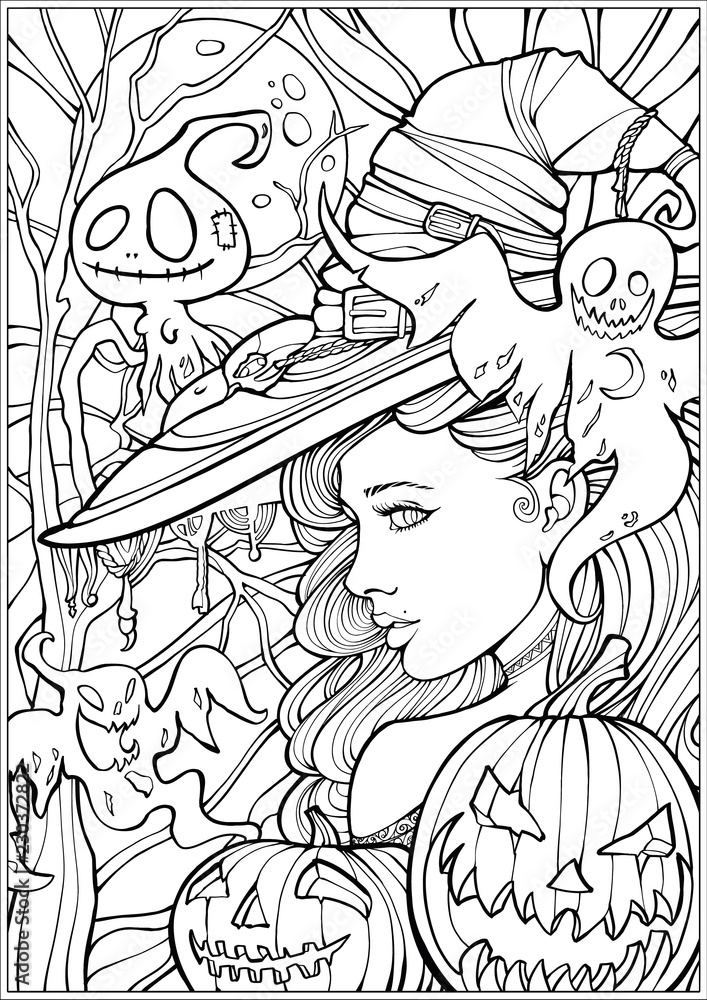 Coloring page for adults, witch surrounded by ghosts Stock Vector ...