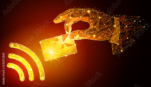 Low poly illustration of the NFC technology. payments concept. a golden dust effect. Polygonal wireframe from dots and lines.