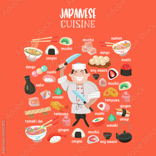 Japanese cuisine. Japanese chef. Set of Japanese traditional dishes. Vector illustration.